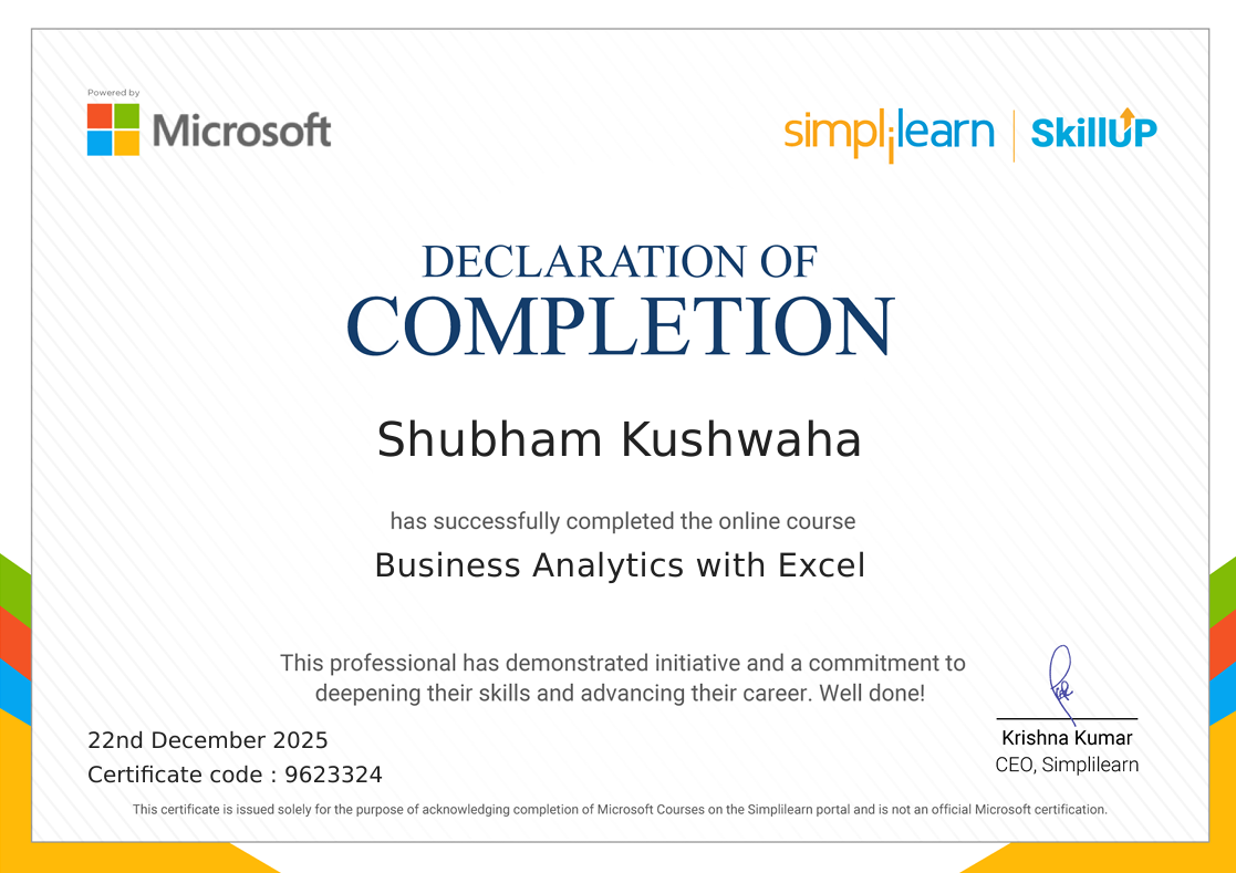 Business Analytics with Excel Certificate